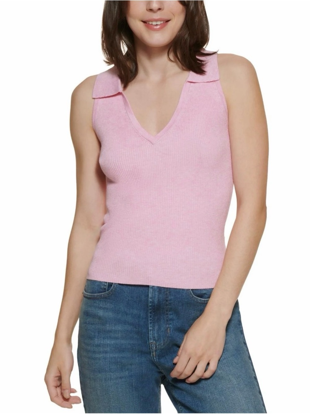 Sleeveless Pink V-Neck Ribbed Knit Top